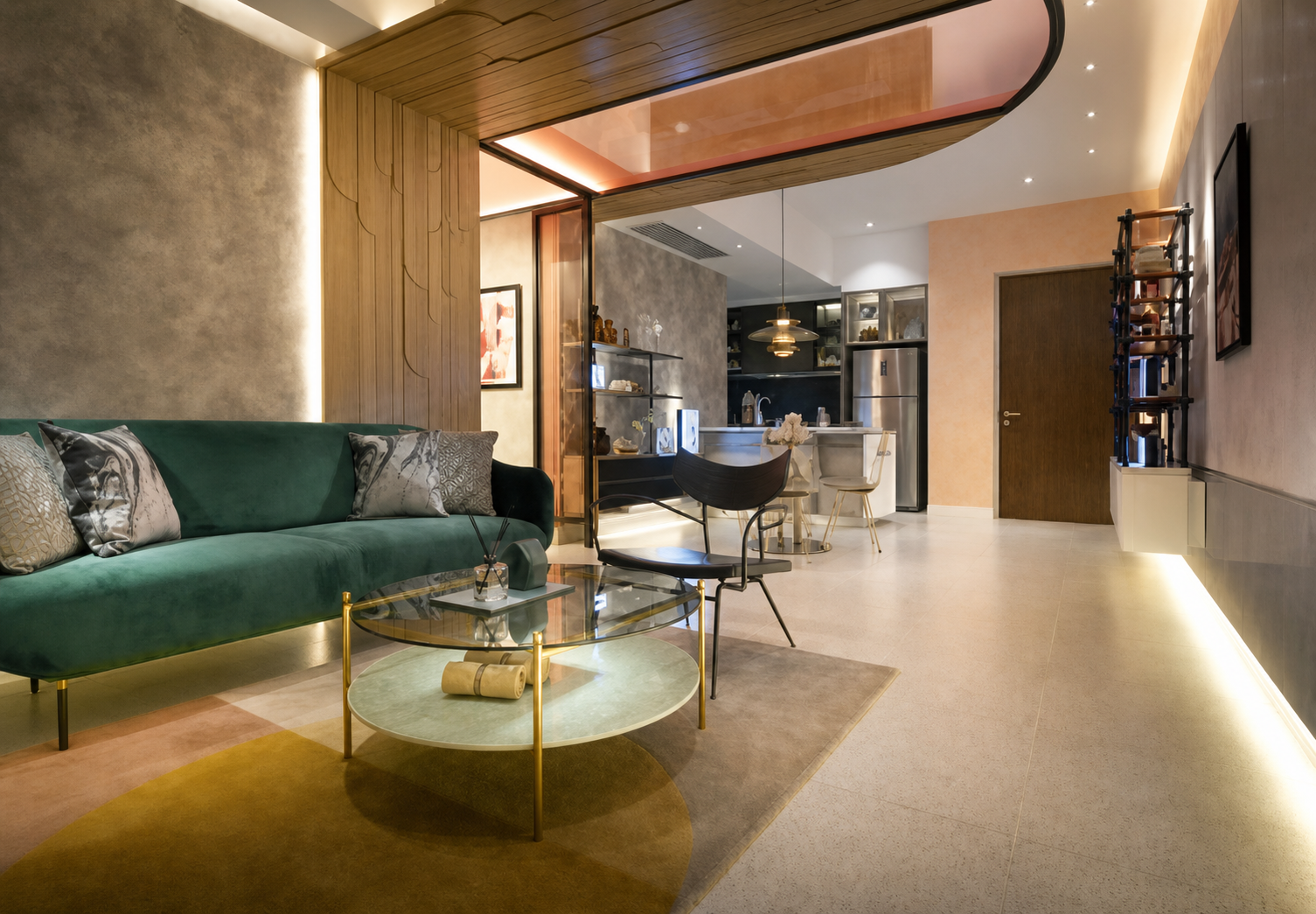 The Aldenz showroom living and kitchen area